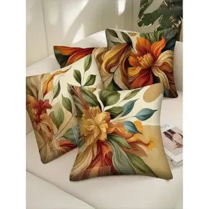 4pcs Floral Pattern Throw Pillow Covers, Mixed Color Design, Retro Style, Polyester Fabric, Zipper Closure, Machine Washable, Soft & Comfortable, Suitable For Decorating Living Room, Bedroom, Sofa, Autumn Decor, Room Decor