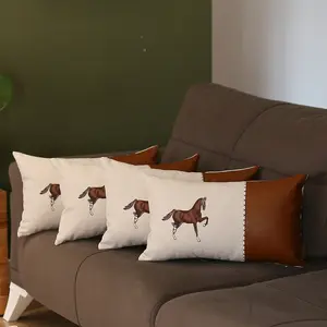 Boho Embroidered Horse Set of 4 Throw Pillow 12" x 20" Vegan Faux Leather Solid  Beige & Brown Lumbar for Couch, Bedding