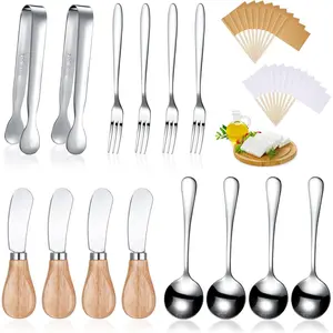 34 Pcs Charcuterie Board Accessories Cheese Butter Spreader Knives Set Stainless Steel with Wooden Handles Charcuterie Utensils Mini Serving Tongs Spoons and Forks, Yellow