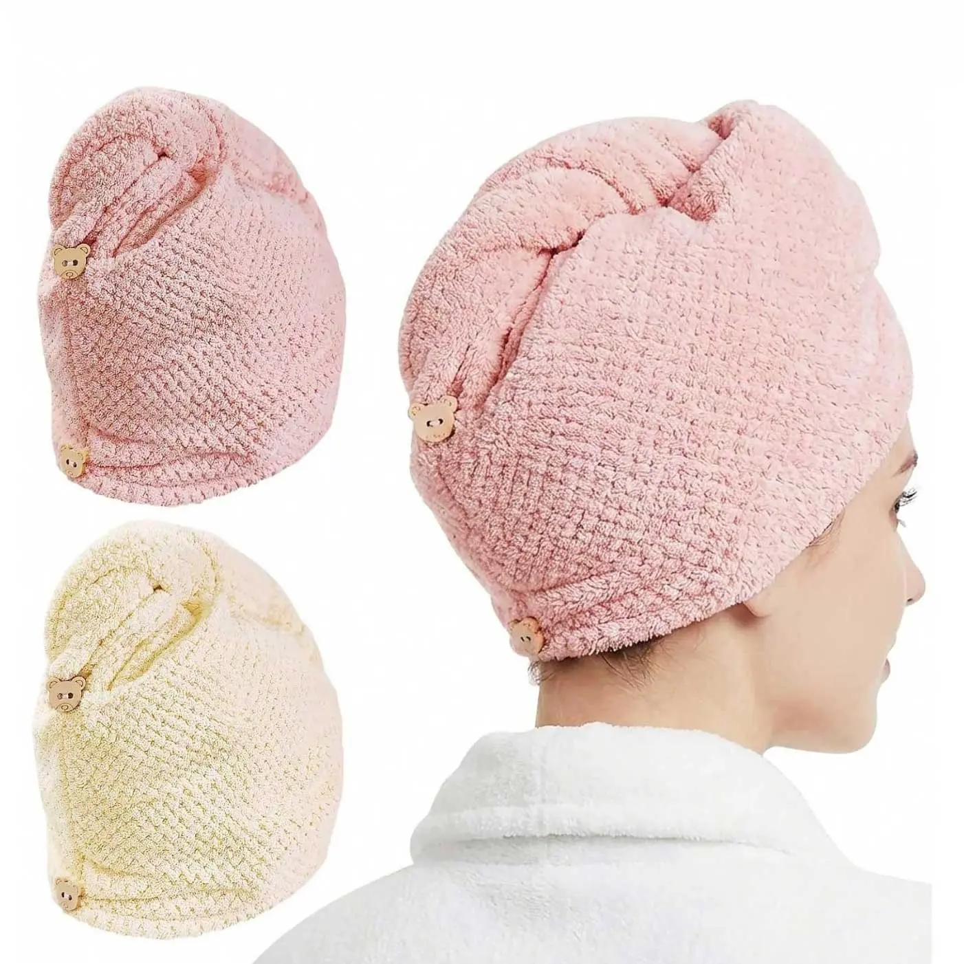 Microfiber Hair Towel Wrap for Women, 2-Pack Super-Absorbent Quick-Dry Hair Turban for All Hair Types, Plopping Towel Curly Hair, Anti-Frizz Large Hair Drying Towels with Button, Bathroom Premium Towel Set Includes Towel