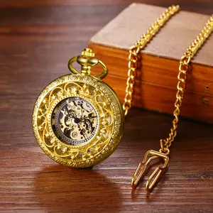 OIDEA Automatic Mechanical Hollow Engraved Pocket Watch with Waist Chain, 1ATM Gold Tone Unisex Watch