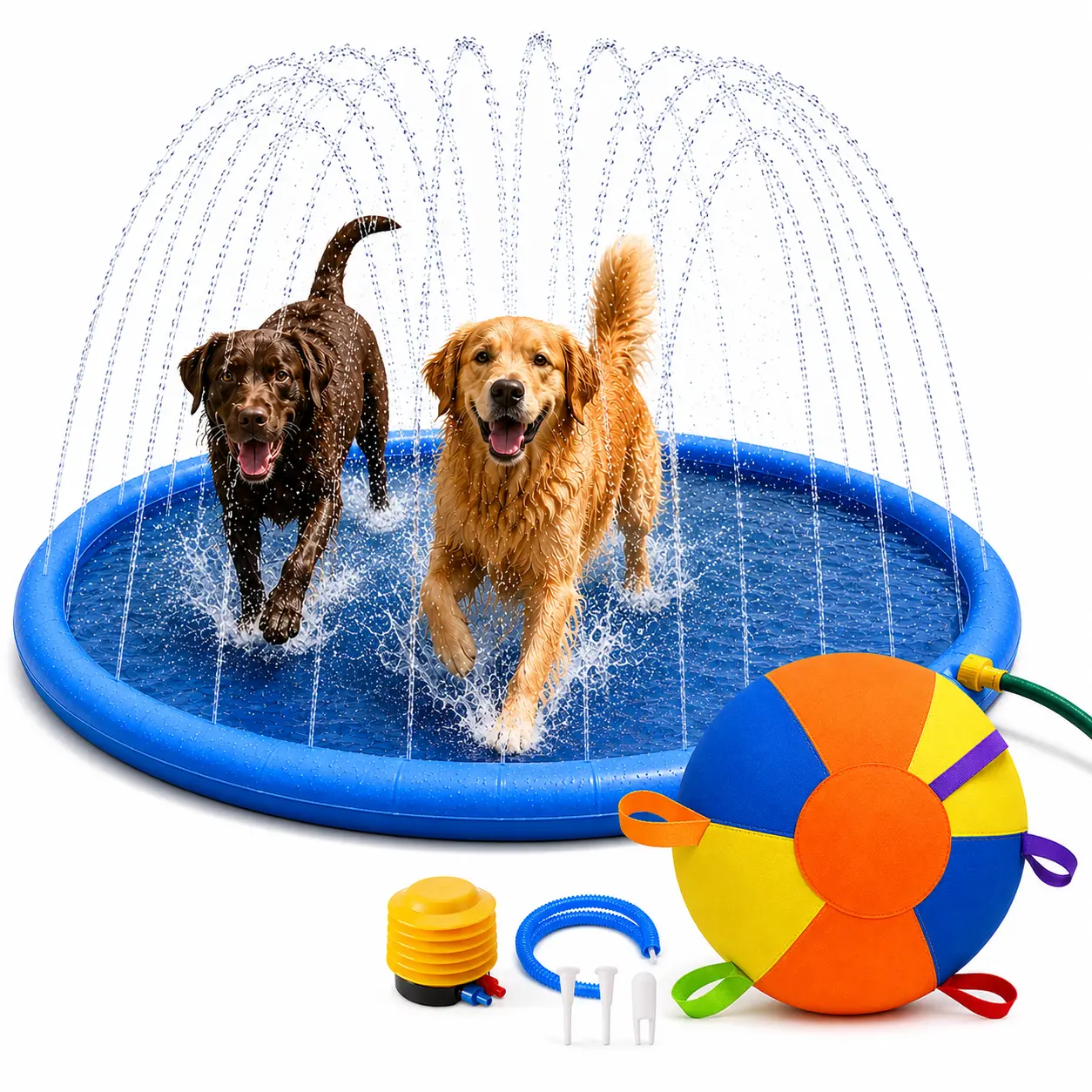 Dog Splash Pool & Sprinkler Splash Pad Set for Large Dogs, 67/80in Thick 0.55mm PVC Backyard Outdoor Fun Toy with 22in Herding Ball, Hand Pump, Repair Kits, Folds Easily Pet Accessory, Thick Pvc