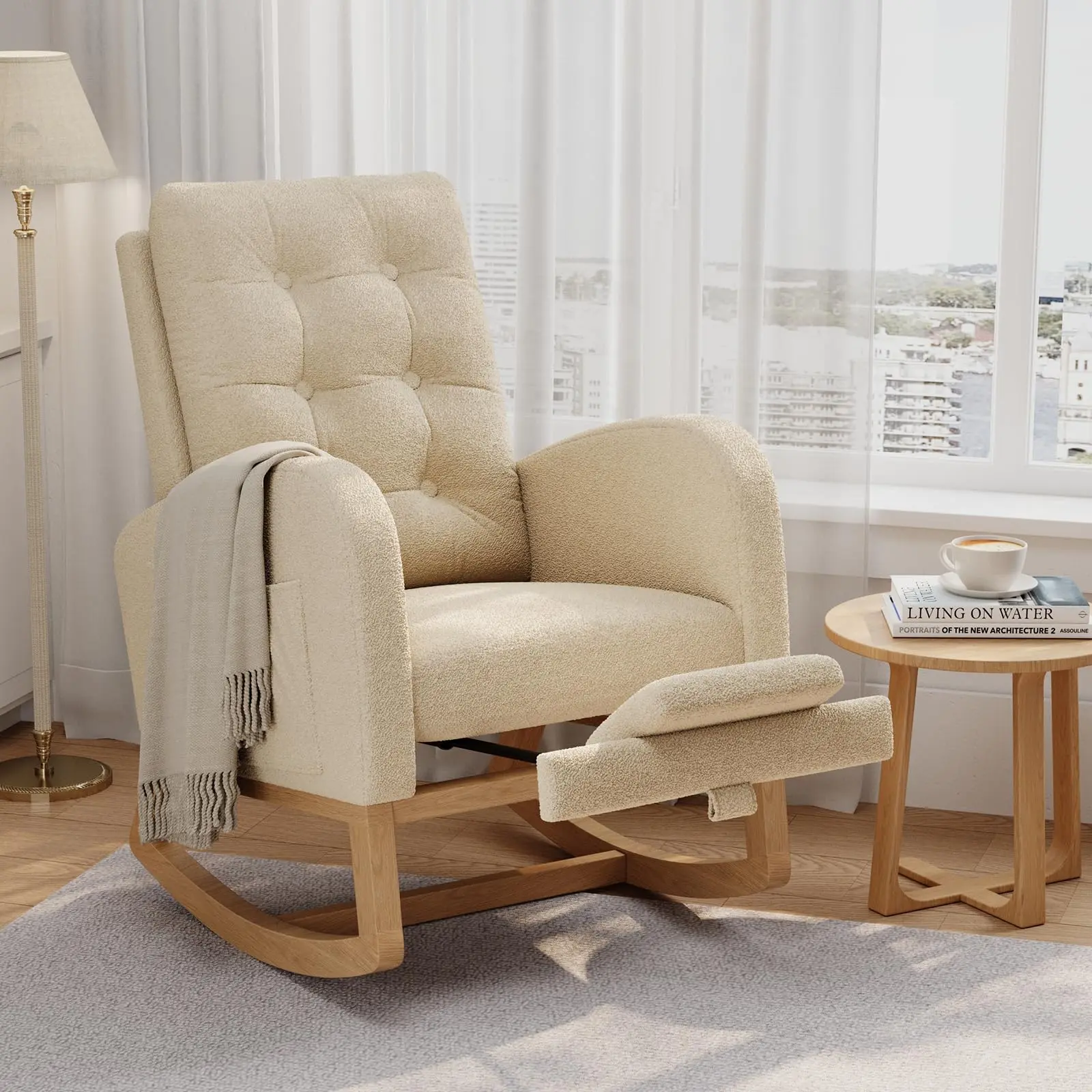 Modern Accent Rocking Recliner Glider Chair for Nursery, Boucle Linen Upholstered, with Side Pocket, Multiple Color Options for Living Room, Modern Accent Chair