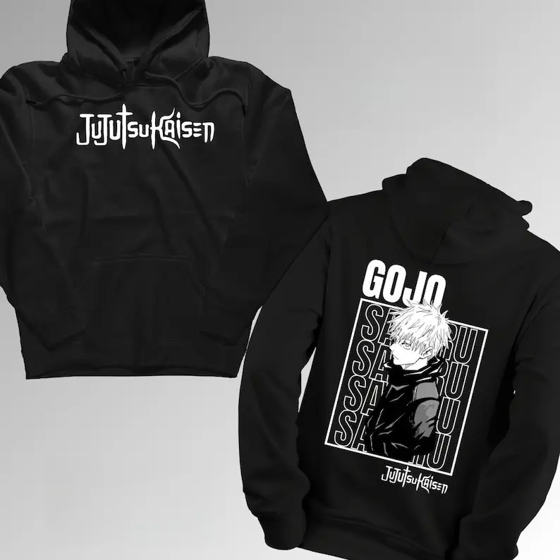 Unisex Jujutsu Kaisen Hoodie with Gojo Satoru Artwork, Casual Black Long Sleeve Anime Inspired Tops, Fitted, Classic, Piece, Medium Length, Pullover, Jujutsu Kaisen Character, Sweatshirt, Casual Wear, Character Print, Gojo Artwork, Clothes, Pure Cotton, P
