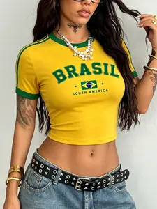 Women's Brasil Letter Print Crop Top, Short Sleeve Crew Neck Y2K Tee, Retro Vintage Sporty Style For Daily & Party
