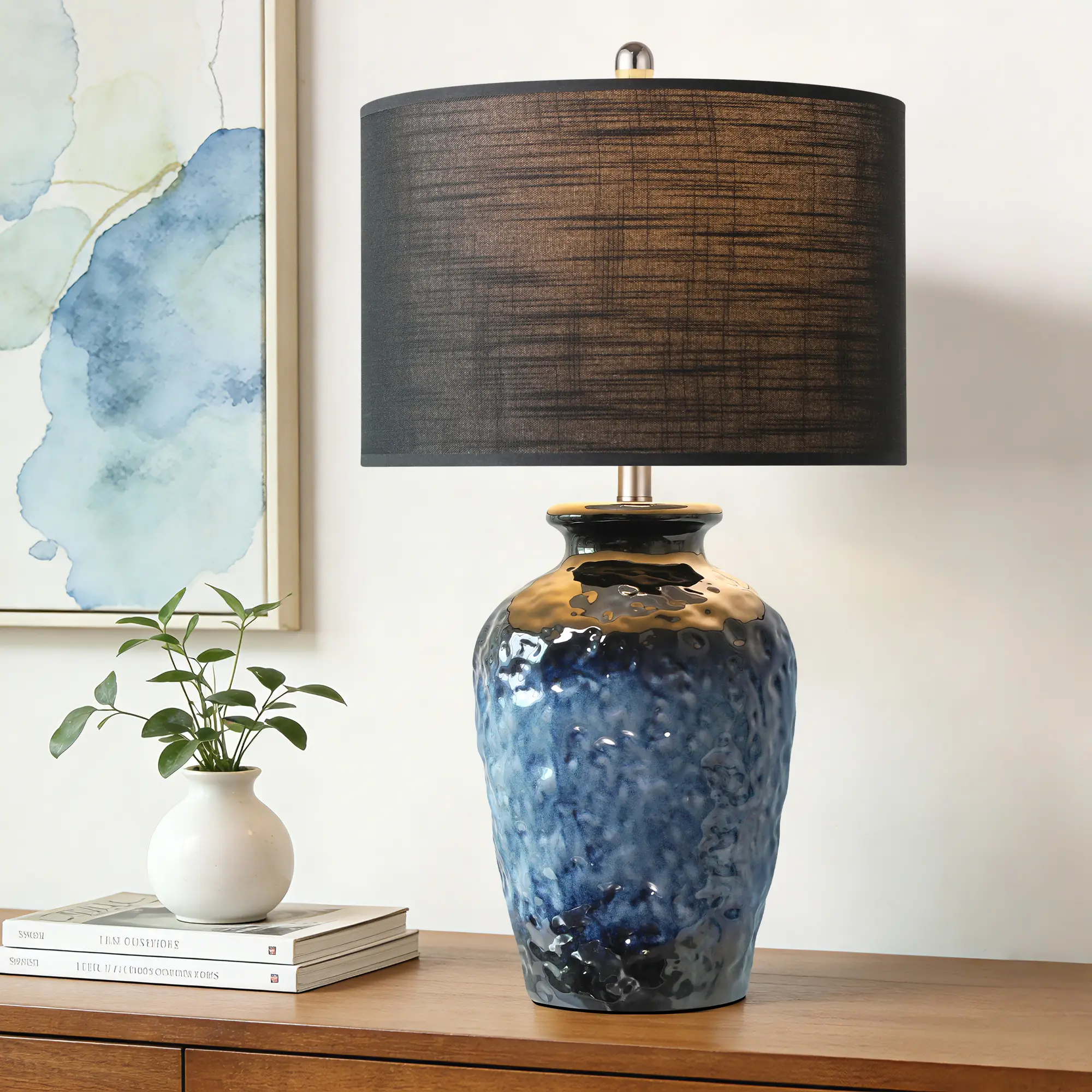 Blue Hammered Reactive Glaze Ceramic Table Lamp, Vase Shaped Bedside Lamp with Dark Brown Textured Fabric Drum Shade, Rustic Accent Nightstand Lamp for Bedroom, Living Room, Entryway