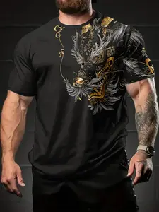 Men's Streetwear 3D Digital Print T-Shirt, Casual Fitted Short Sleeve Round Neck, 100% Polyester, Perfect Festive Holiday Gift for Men