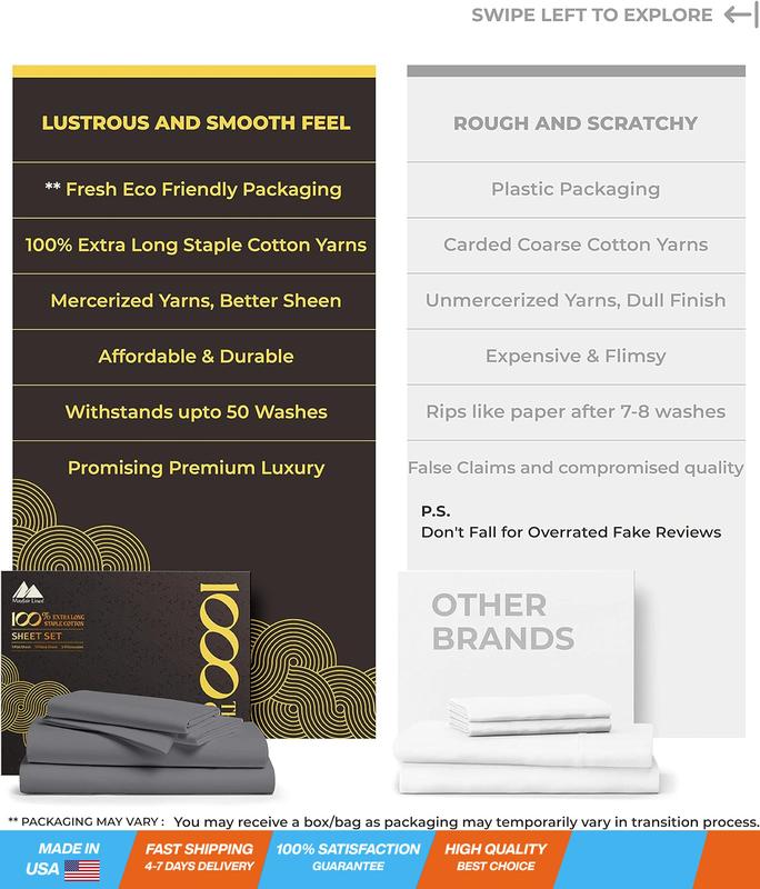 High Thread Count Best Bed Sheets 100% Egyptian Cotton Sheets Set Dark Grey Long-Staple Cotton Queen Sheet for Bed, Fits Mattress Upto 18'' Deep Pocket, Soft & Silky Sateen Weave Sheets