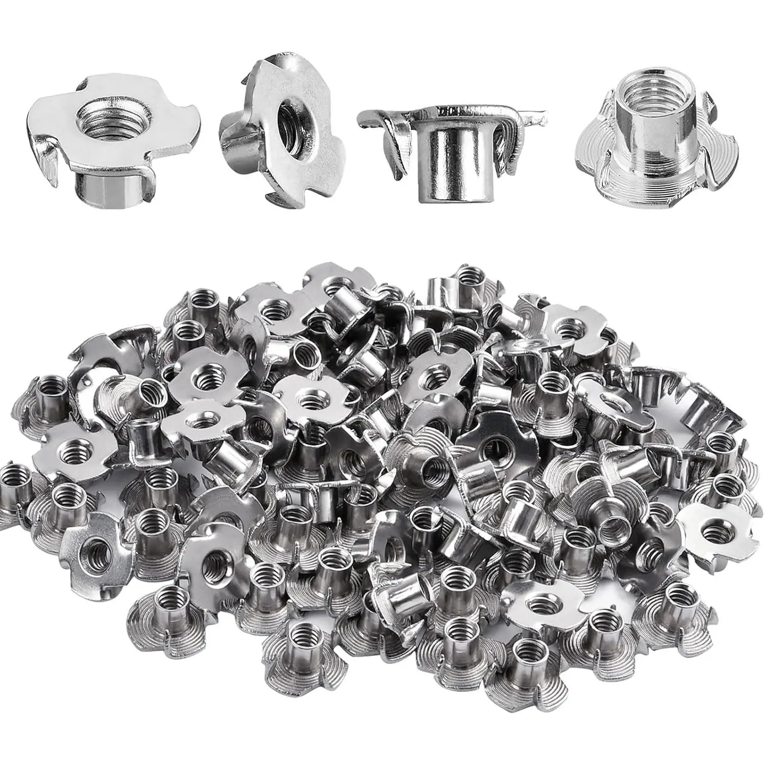 100 Pack 1/4"-20 T-nut, 304 Stainless Steel Threaded Insert, 4-Pronged Tee Nut for ,Rock Climbing Holds,Cabinetry,Furniture