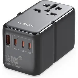 140W Universal Travel Adapter, GaN III International Power Adapter, 3 USB-C 1 USB-A Ports, AC Outlet, Worldwide /UK/EU/AU Travel Charger for Cameras Laptops Tablets Phones and