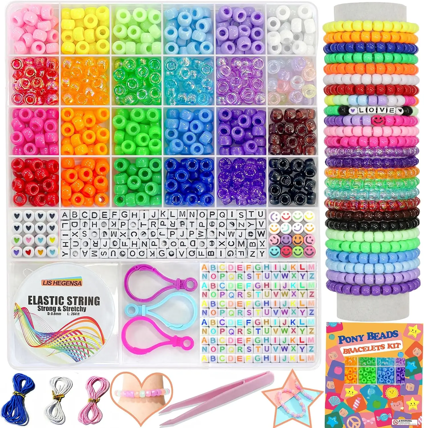 24Color 1000PCS Kandi Pony Beads Bracelets Jewelry Making Kits