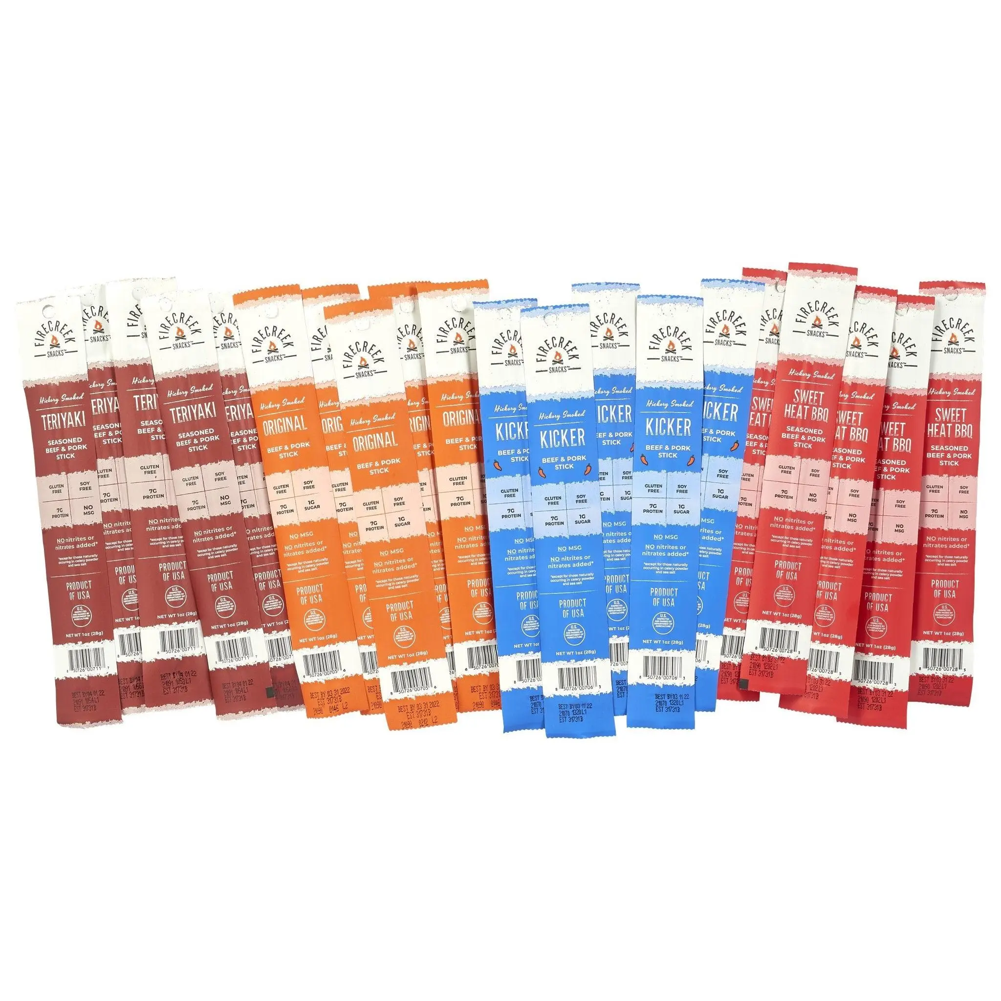 20-Piece FireCreek Snacks Sampler Pack - Original Flavor Pack - Includes Teriyaki, Original, Kicker, Sweet Heat BBQ Meat Sticks Jerky Variety Packs Dried Snack Beef