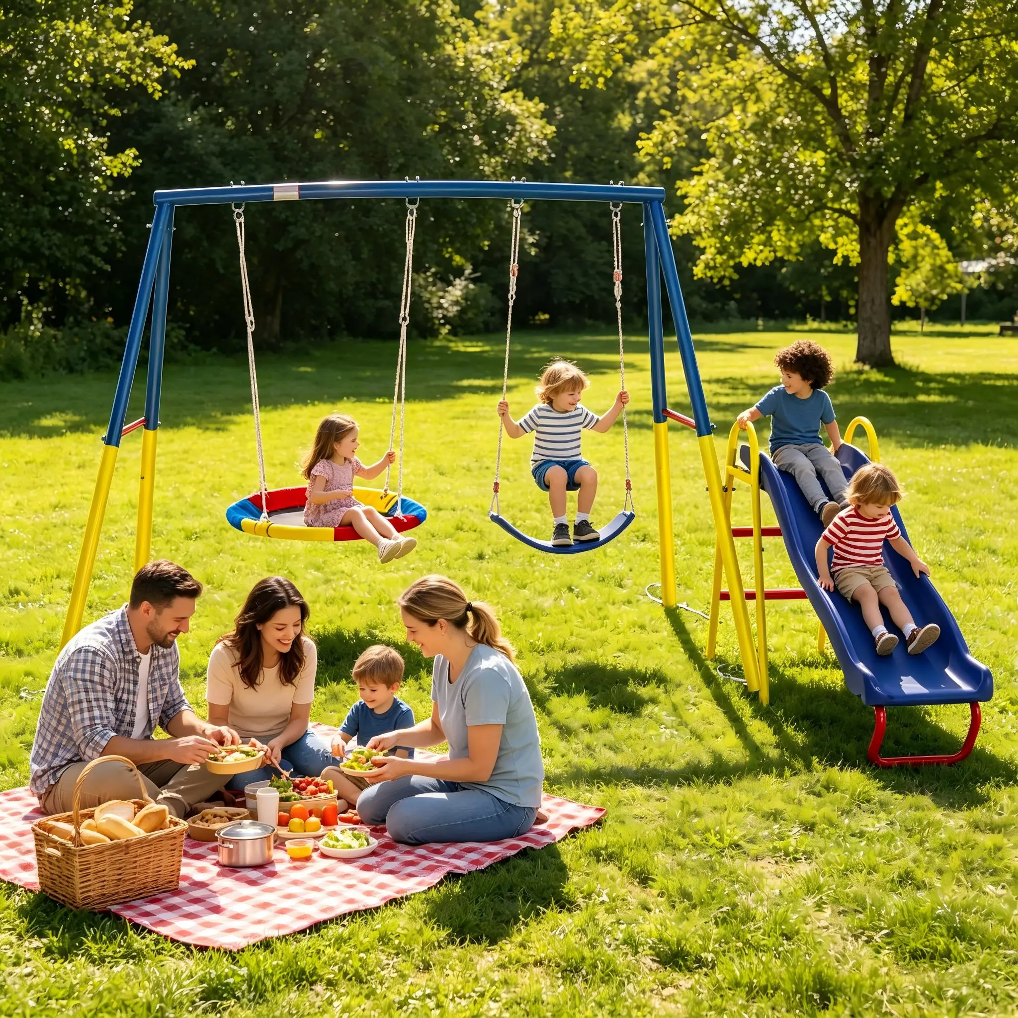 Heavy Duty Swing Set for Backyard, Kids Outdoor Playground Equipment with Slide, Extra Large Saucer Swing and Belt Swing, A-Frame Metal Swing Sets for Outside Play, High Weight Capacity