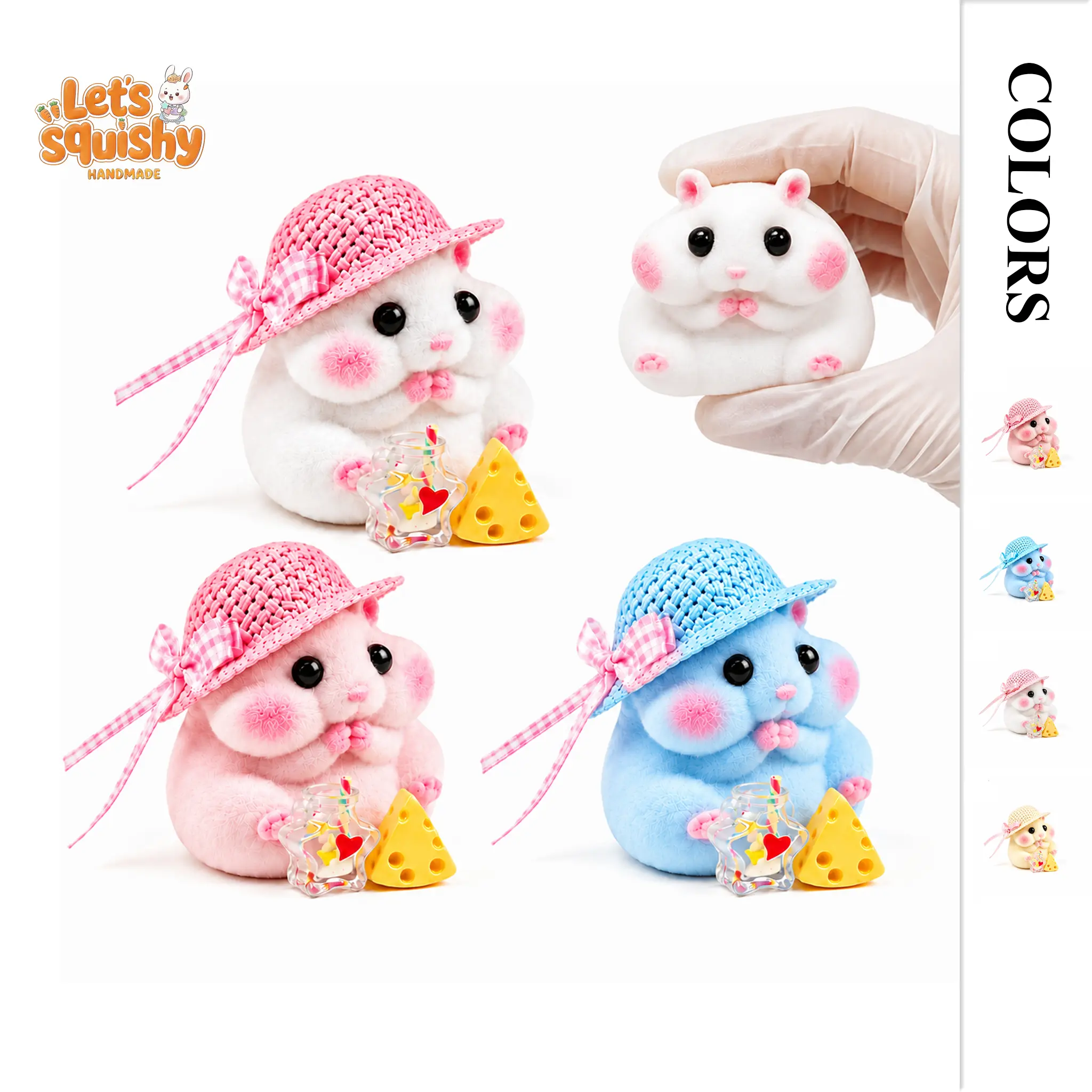 LETSSQUISHY Handmade Mochi Squishy Fidget Sensory Toy, One-Piece Solid Integrated Flocked Furry Silicone, Squeeze Fidget Toy for Birthday Gift Party Favors Classroom Rewards, Kids & Adults Gift Set with Hat, Cheese & Wish Bottle Accessories