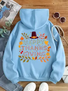 Women's Letter & Maple Leaf Print Drop Shoulder Hoodie, Fashion Casual Drawstring Pocket Hooded Sweatshirt for Daily Holiday Outdoor Wear, Women Clothing for Fall & Winter