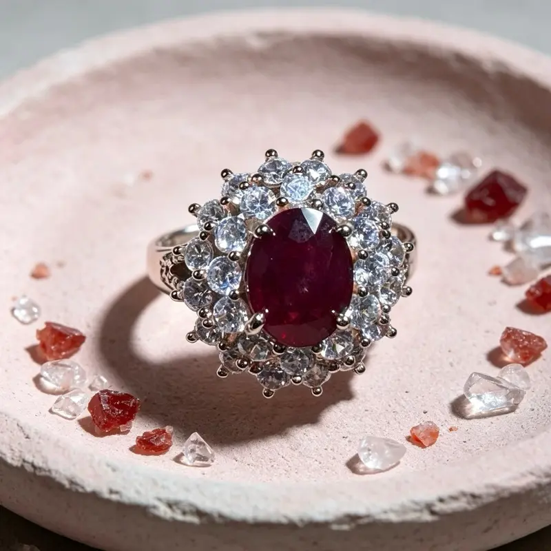 <PingEast Jewelry>Ruby Ring302/402--925 Sterling Silver Rose Gold–Plated Sunflower Ring, set with White Quartz and Moissanite accents. Features a 6×8 mm oval natural Burmese Pigeon Blood Ruby. Elegant and luxurious design. Comes with a certific