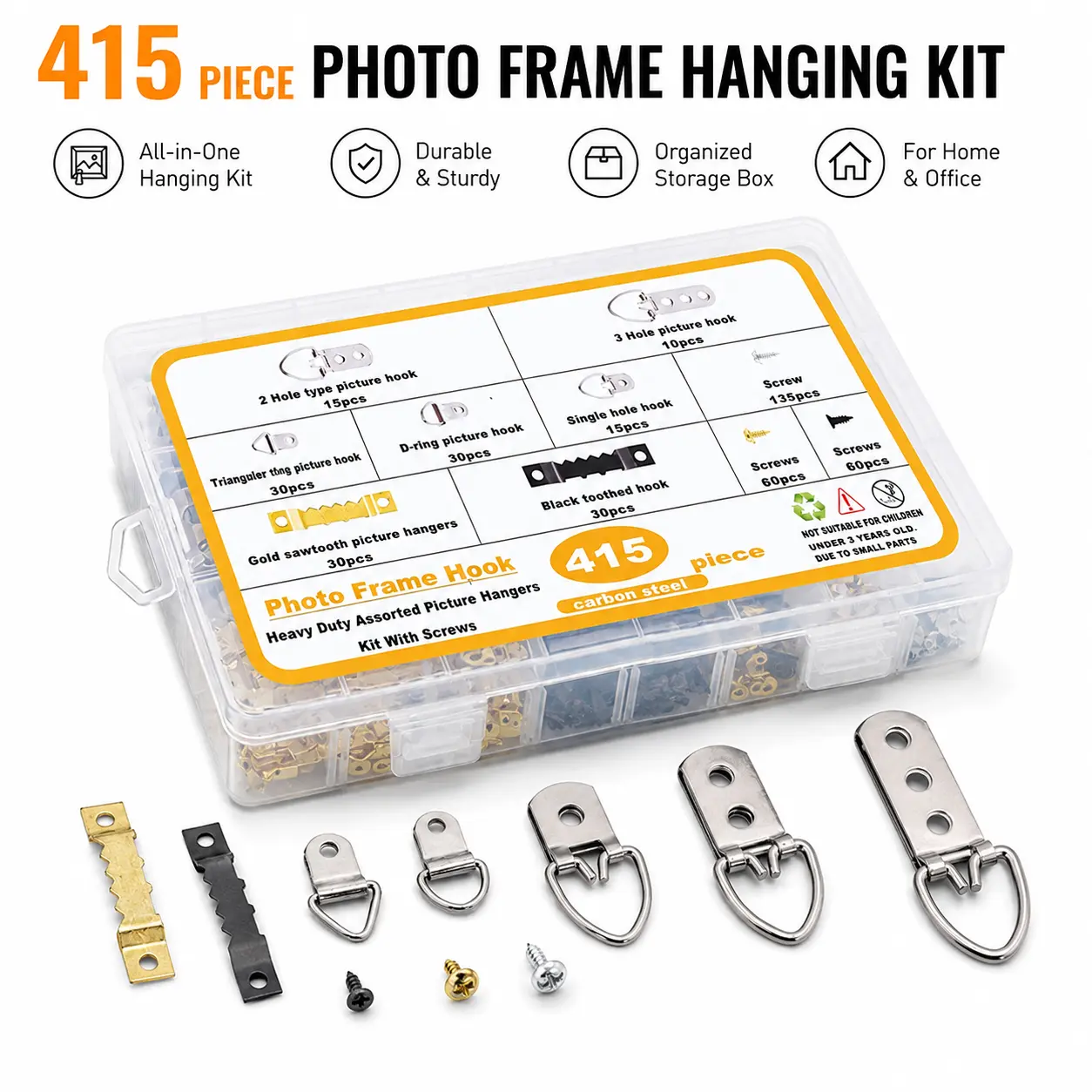 FBT All-in-1 Photo Frame Hanging Hardware Set - Metal D-Rings, Steel Hooks, Screws, Hangers for Wall Mount Decoration, Paintings, Wooden/Transparent Boxes Installation