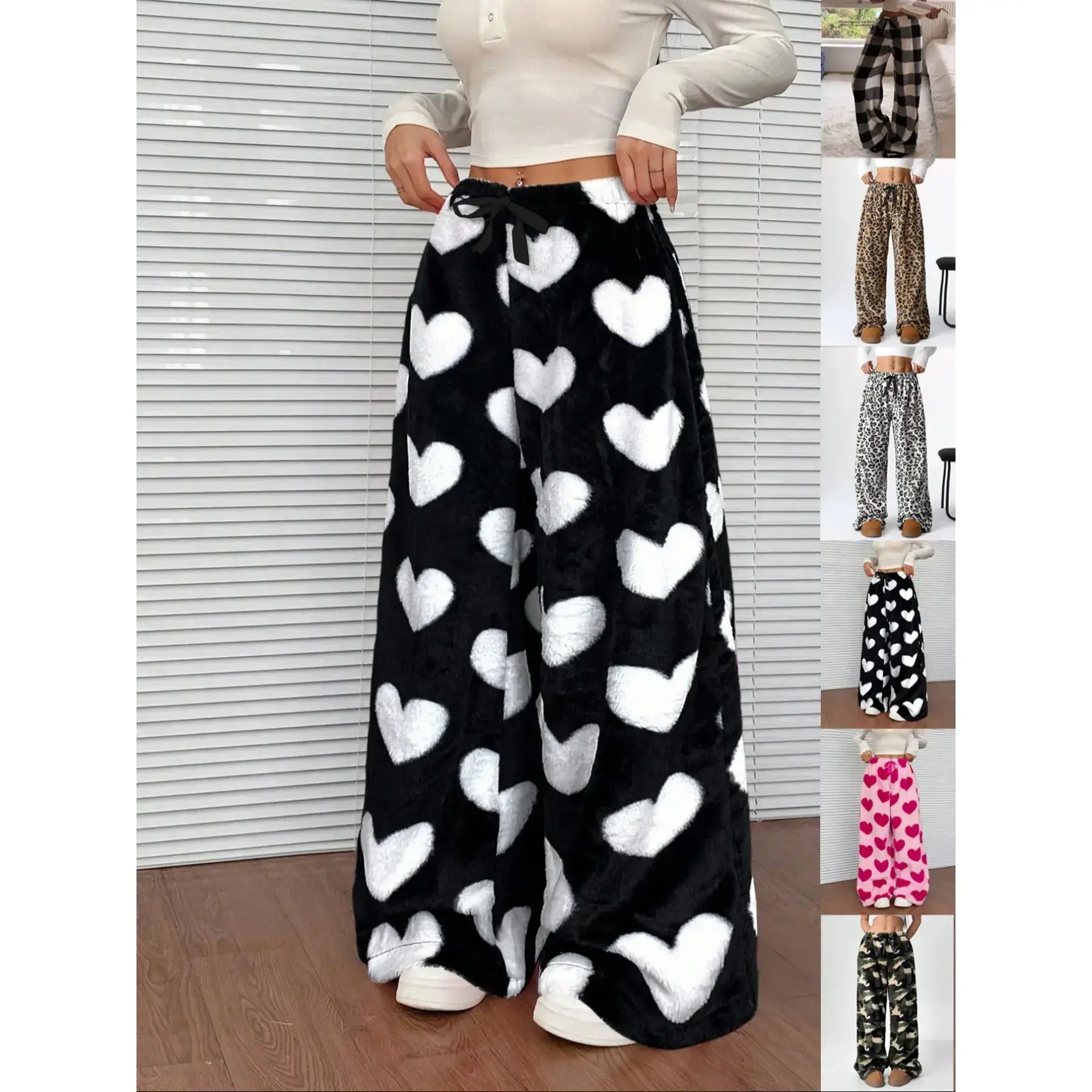 Women's leopard print bow decorated elastic waist wide pants, casual, soft and comfortable daily pants, autumn and winter women's underwearRAIMENTRY Women's leopard print bow decorated elastic waist wide pants, casual, soft and comfortable daily pants, autumn and winter women's underwearRAIMENTRY