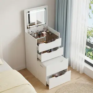 3 in 1 Vanity Desk with Flip Top Mirror and Lights,lass Top Compact Vanity with 3 Drawers &Rolling Stool, Modern Small Makeup Vanity Table Station,Bedroom,White