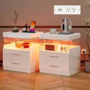 2Pcs Glossy White LED End Table Nightstand With Charging Station, High Gloss Night Stand With LED Lights, Modern Acrylic Floating Sofa Bed Side Table With Storage Drawers And Power Outlet For Living Room Bedroom, Room Decor, Living Room Decorations