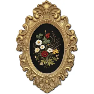 Vintage Oval Wall Art, 3D Embossed Baroque Gold Wooden Frame with Vintage Wildflower Floral Bouquet Illustration, Cottagecore Botanical Wall Decor for Living Room, Bedroom, Entryway, 12" x 8"