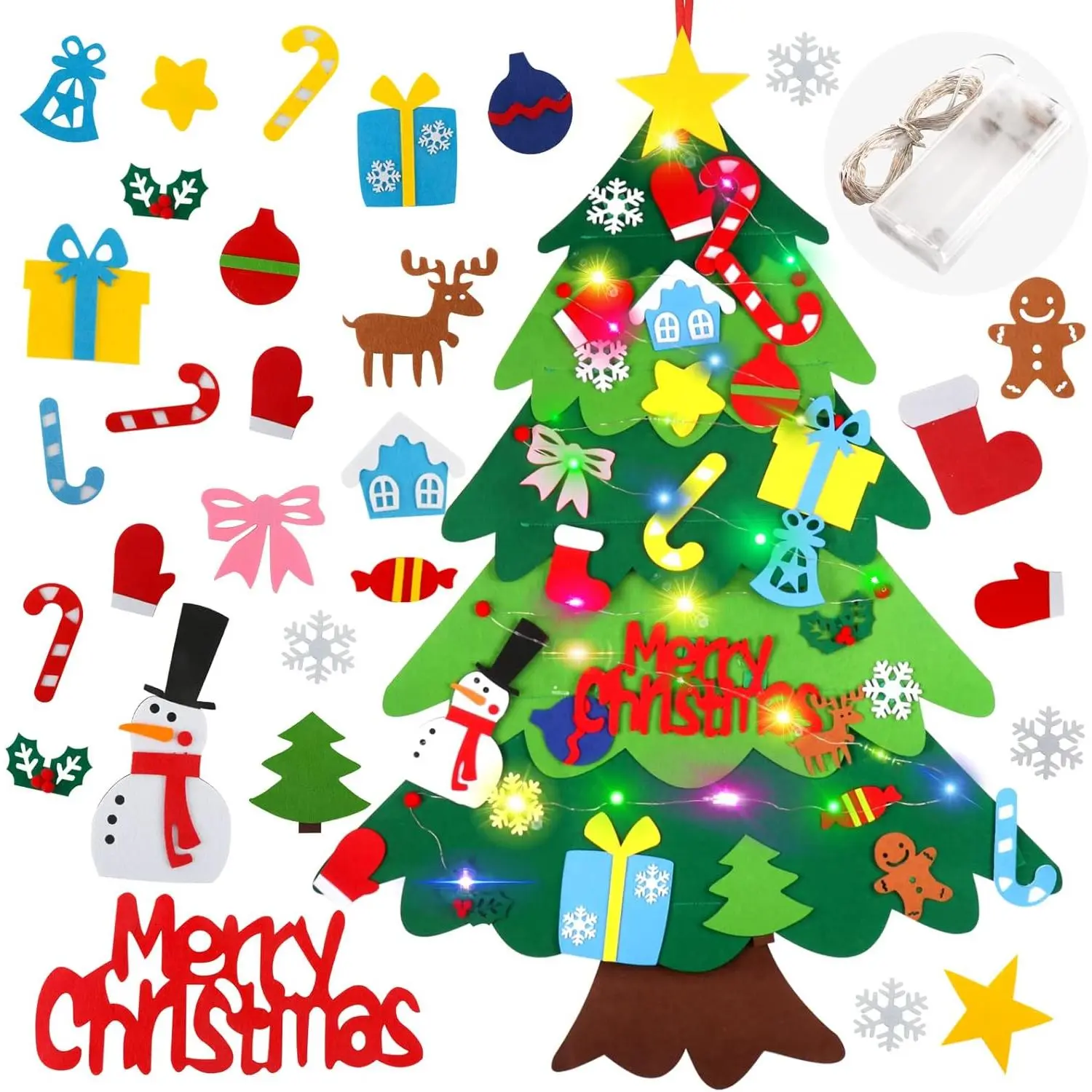 3.2ft Wall Hanging Felt Christmas Tree Set for Toddlers, with LED String Light, Detachable Bells & Snowflake Ornaments, DIY Xmas Home Decoration Gift