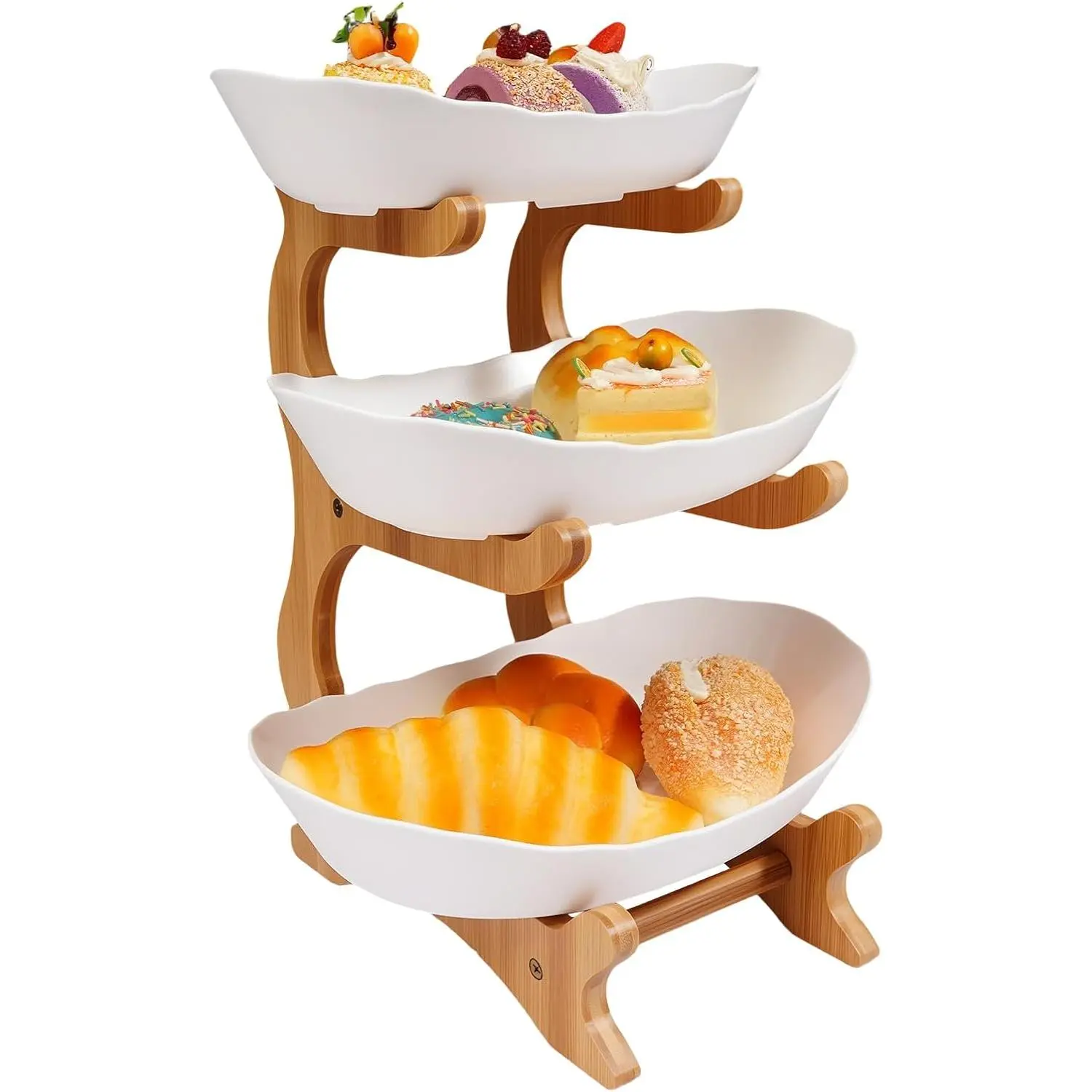 2026 New3-Tier White PP Fruit Tray with Bamboo Stand, Yuanbao-Shaped, 8.86x5.51x12.6in, for Kitchen Counter and Party Display