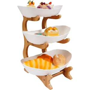 2026 New3-Tier White PP Fruit Tray with Bamboo Stand, Yuanbao-Shaped, 8.86x5.51x12.6in, for Kitchen Counter and Party Display