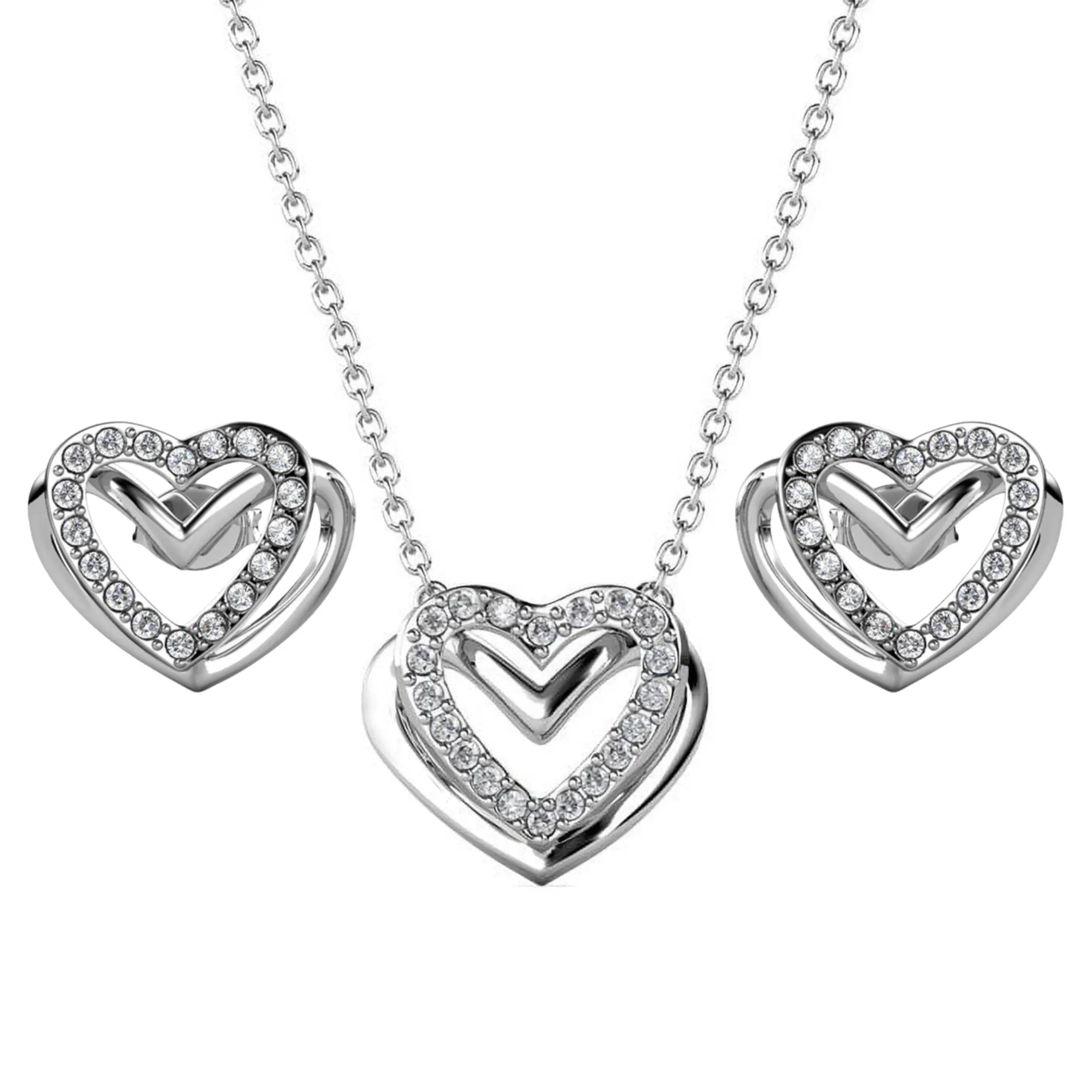 Cathy 18k White Gold Heart Necklace and Stud Earrings Jewelry Set with Crystals
