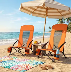 Arlopu 28.5″ High Back Folding Beach Chair for Adults W/Carry Bag, Portable Low Beach Chair W/Mesh Back & Padded Armrest, Cup Holder, for Camping, Outdoor, Travel, 2pack, 350LBS