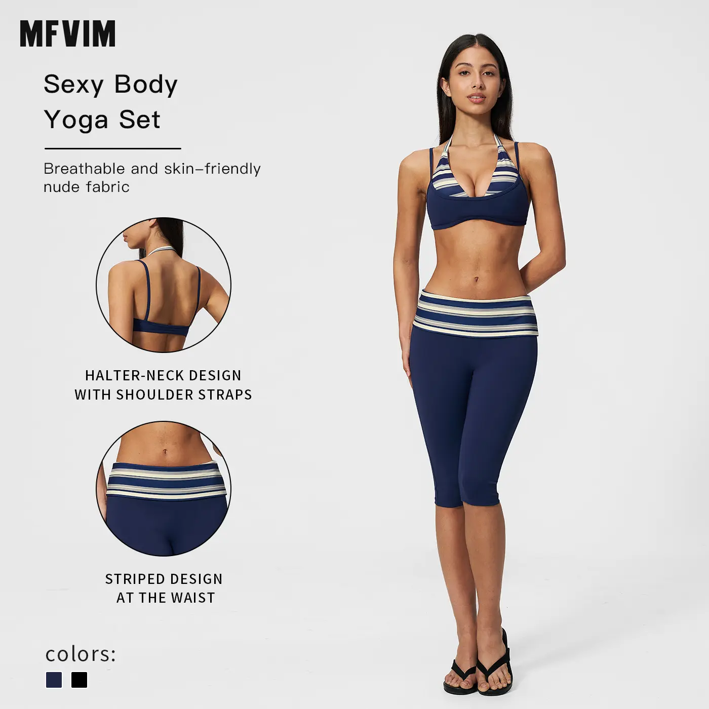 MFVIM Women’s breathable striped “naked feel” activewear set — two-piece yoga/fitness outfit featuring a halter neck, V-neck top, high-waisted tummy control, and 7/8 length leggings.