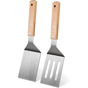 Stainless Steel Spatula Set, 2 count Metal Spatulas for Kitchen Use, Professional Metal Spatula for Cast Iron Skillet with Wooden Handle, Ideal Choice for Making Desserts, Pancakes, Eggs, and BBQ