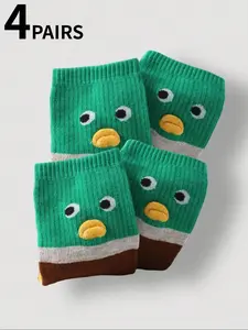 4 Pairs Cute Cartoon Duck Pattern Women's Boat Socks, Socks Set, Soft Comfortable Fashion Mid-Calf Design, Perfect for Vacation and Birthday