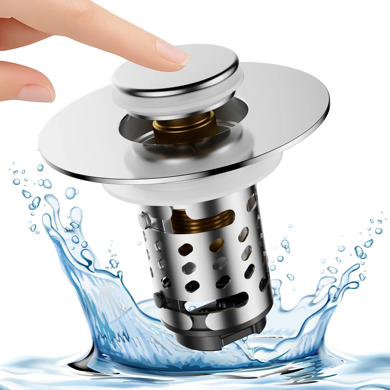 3-in-1 Upgraded Stainless Steel Bathroom Sink Stopper - Bathroom Cleaning Accessory with 4 Silicone Rings, Brass Core, Chrome Finish, Removable Anti-Clogging Filter Basket, for 1"-2.36" Size & 1.1in-2.36in Sinks, 3-In-1 Functionality