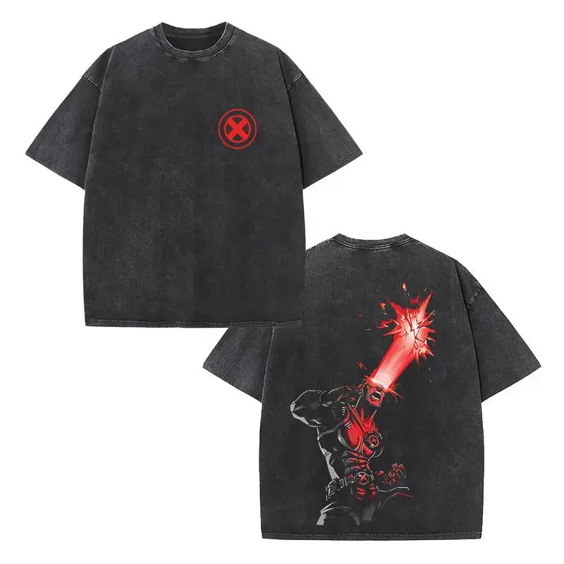 Retro Optic Blast Bold Red X-Men X Symbol Front Chest Print & Red Laser Beam Blast Cyclops Hero Back Graphic Dual-Sided Vintage Washed Black T-Shirt, Unisex Oversized Heavyweight Cotton Streetwear Top, Ideal Gift fo