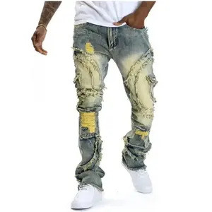 Men Ripped Stacked Jeans Distressed Slim Fit Skinny Straight Leg Jeans Fashion Hip Hop Denim Pants Casual