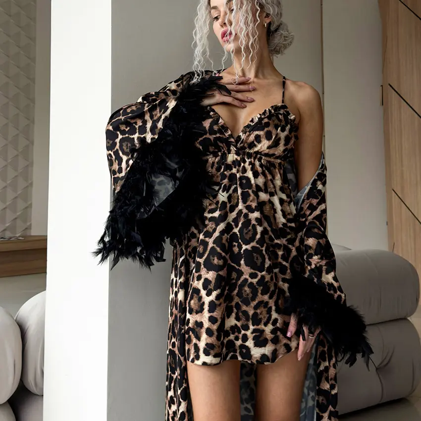 Women's TikTok Viral Leopard Print Feather Trim Pajama Set - Comfortable, Breathable Long Sleeve Nightwear, Oversized Cute All Seasons Pajamas Sets for Lounging, Cute Pajamas