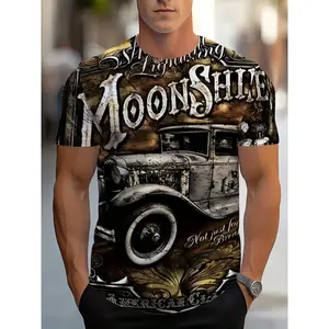 Bmuvlss [1pc Vintage Moonshine Graphic Tee] 1pc Vintage Moonshine Car Graphic T-Shirt for Men, 3D Printed Short Sleeve Crew Neck Tee, Polyester Knit Fabric with Slight Stretch, Asymmetrical Retro Vehicle Pattern, Regular Fit Adult Top