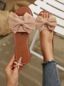 New Women's Casual Thick Sole Sandals, Bow Decor Flat Sandals, Lightweight Non-Slip Summer Slippers, Outdoor Beach Home Shoes, Back-To-School Footwear