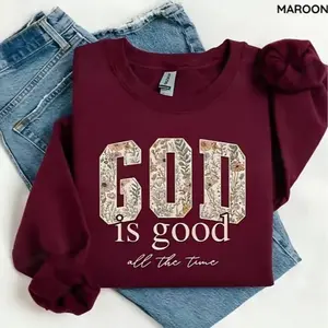 An inspiring God Is Good sweatshirt featuring a Christian quote and Bible verse, a cozy faith top that makes a meaningful religious gift for women now