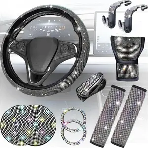 11 count/Set Bling  Accessories Set for Women, Rhinestone  Steering Wheel Cover Seat Belt Cushion Gear Shift Protector Cup Holder Coaster, Universal Automotive Accessories (Multicolor)