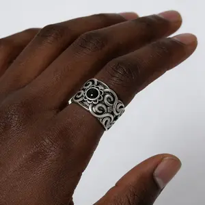Vintage Carved Totem Ring Wide Band Black Stone Silver Ring For Men Women Hip Hop Accessory