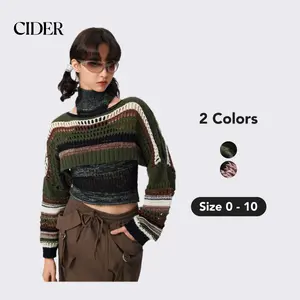 Cider U-neckline Stripe Hollow Out Knitted Long Sleeve Crop Shrug