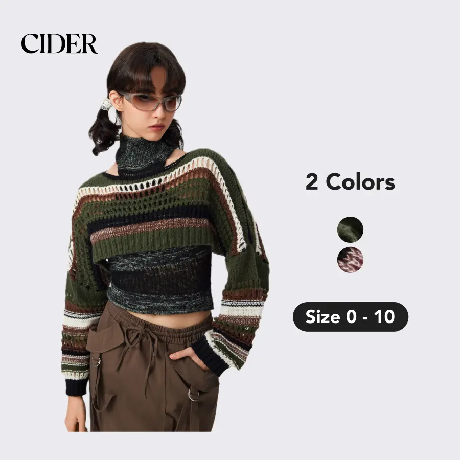 Cider U-neckline Stripe Hollow Out Knitted Long Sleeve Crop Shrug