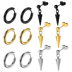 OIDEA 6 Pairs Spike Hoop Earrings Set Stainless Steel Punk Cone Ball Round Hoops for Men Women Black Gold Silver