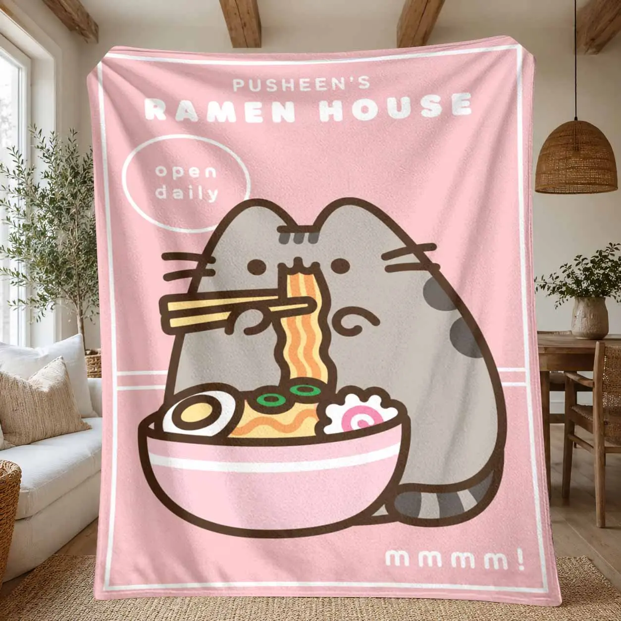 Adorable Cat Eating Ramen Flannel Blanket Cute Kawaii Japanese Noodle Illustration Soft Lightweight Warm Cozy Throw For Sofa Couch Bed Living Room Bedroom Home Office Travel Gift
