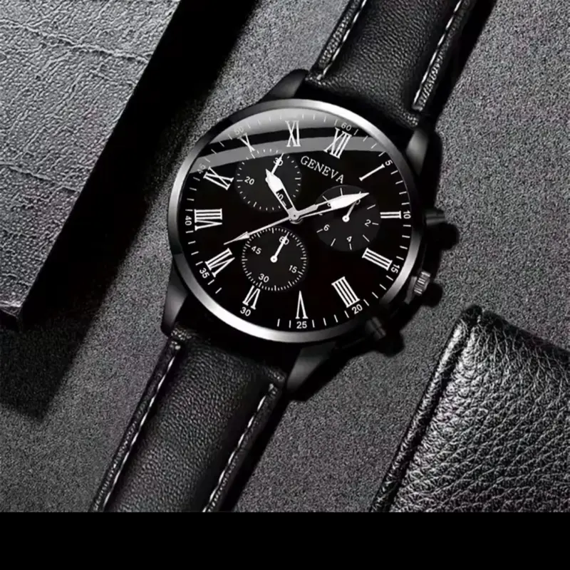Geneva Classic Black Leather Strap Watch with Roman Numerals