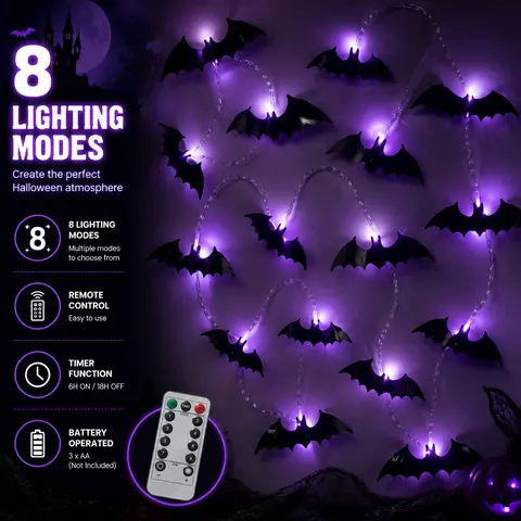 28Pcs Remote Control 3D Spooky Glow Purple LED Bat String Lights with Nano Glue Dot Stickers, Halloween Indoor Wall Window Party Decor (Batteries Not Included)