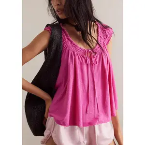 Tankaneo Women Summer Tie Front Tank Tops Cap Sleeve Pleated Babydoll Tops Casual Loose Fit Going Out Flowy Shirt