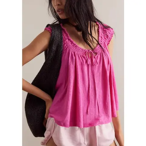 Tankaneo Women Summer Tie Front Tank Tops Cap Sleeve Pleated Babydoll Tops Casual Loose Fit Going Out Flowy Shirt